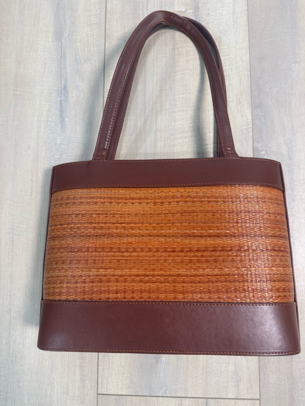 Woven Straw and Brown Leather Shoulder Bag